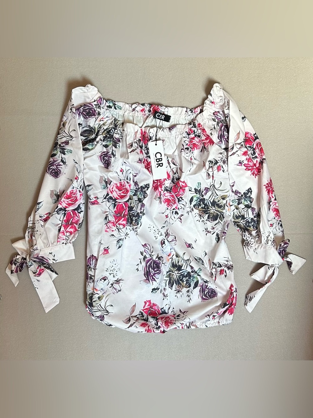 CBR White Off-Shoulder Blouse with Pink & Purple Floral Print